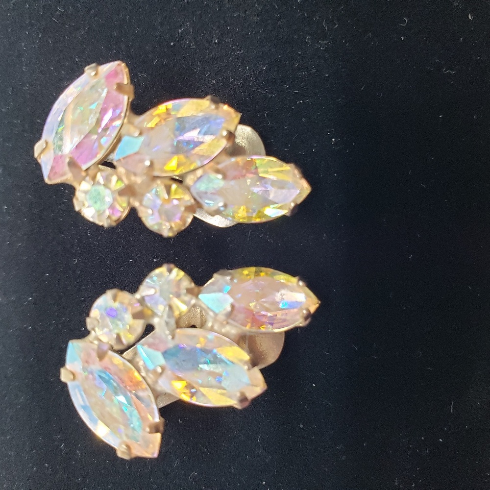 WEISS Vintage Earrings Clip On Aurora Borealis Rh